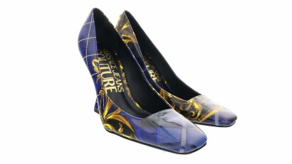 Blue Gold Plaid Baroque Square Toe Pump